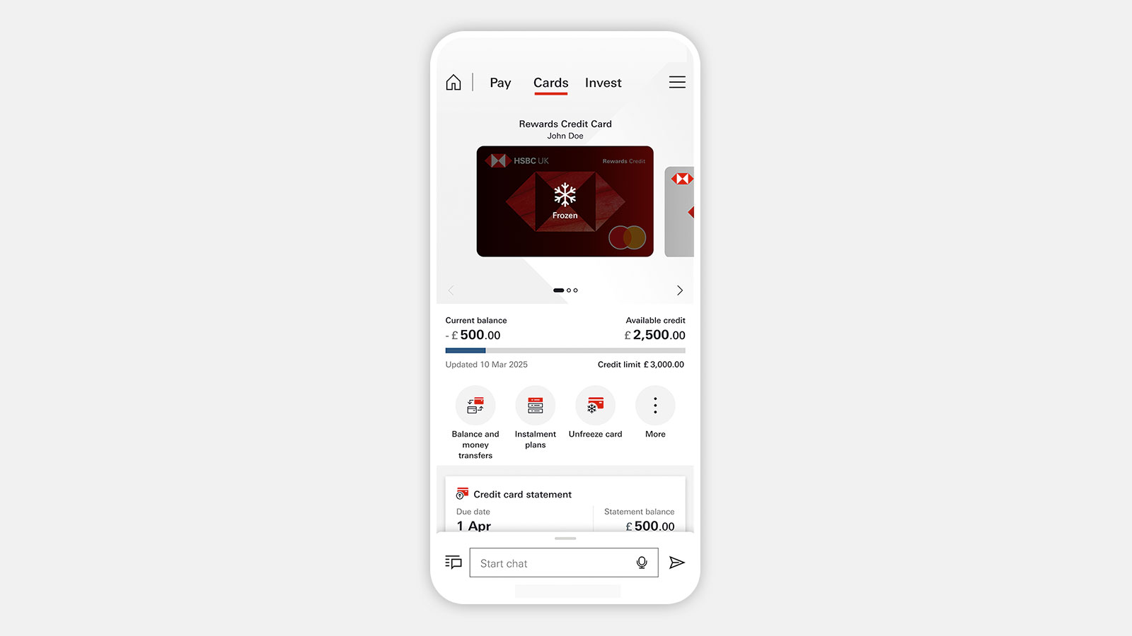 the HSBC UK App Cards tab