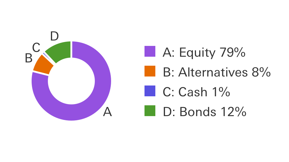 Dynamic portfolio example: Equity 79%, Alternatives 8%, Cash 1%, Bonds 12%