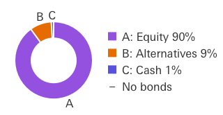 Adventurous portfolio example: Equity 90%, Alternatives 9%, Cash 1%, No Bonds