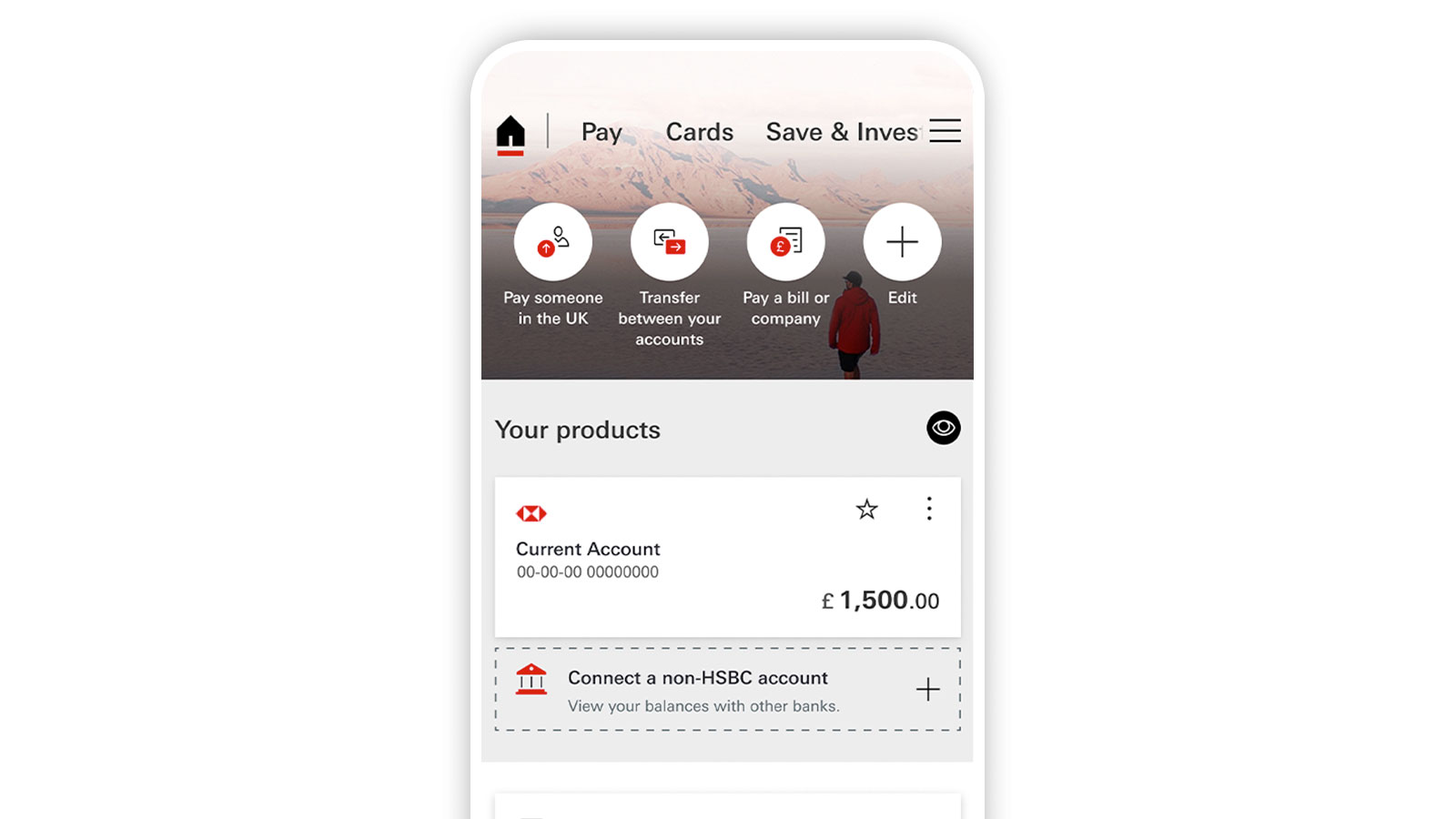 HSBC UK Mobile Banking app home screen showing the 'Connect to a non-HSBC account' option.