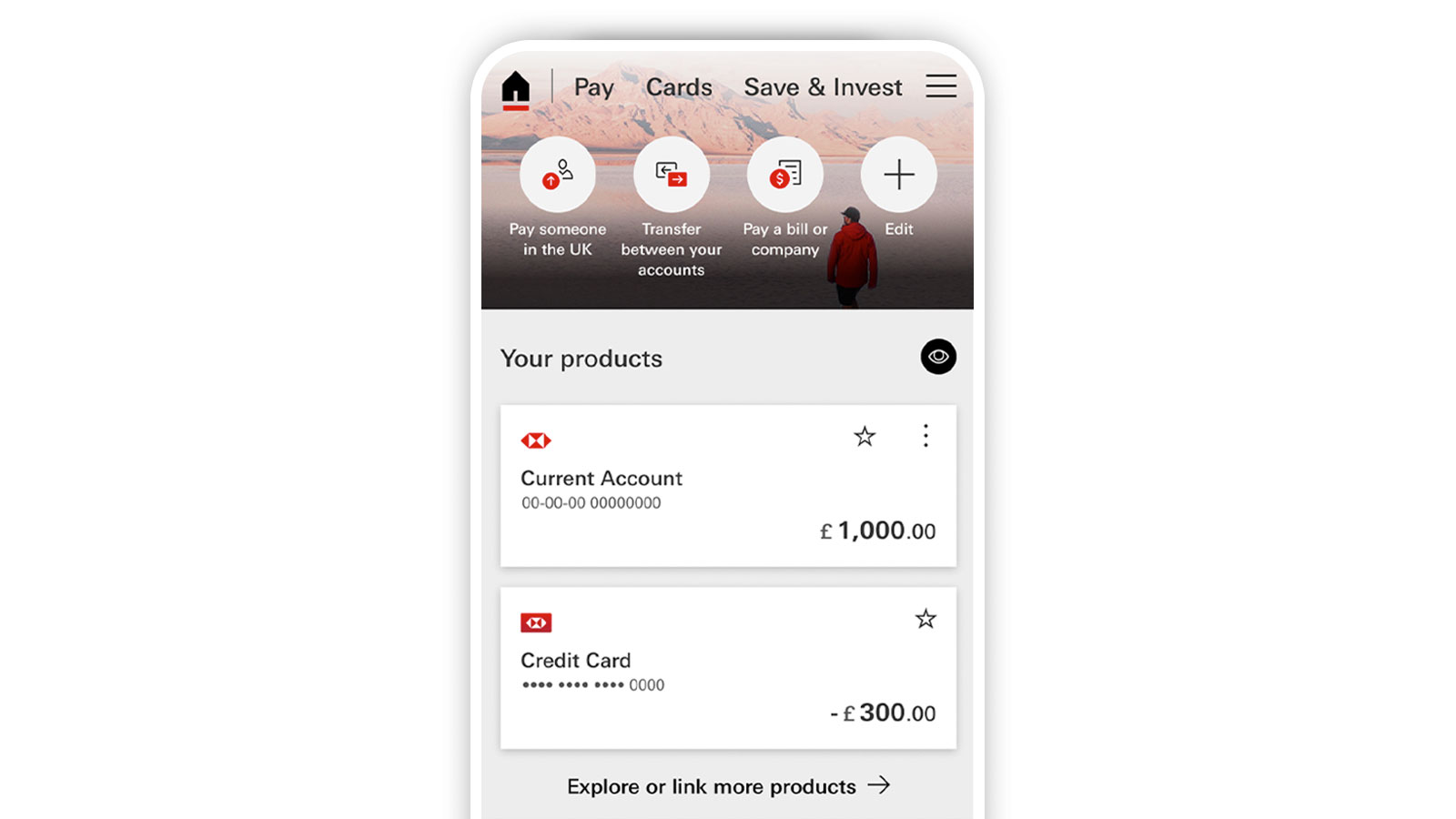 HSBC UK Mobile Banking app home screen showing the 'Connect to a non-HSBC account' option.