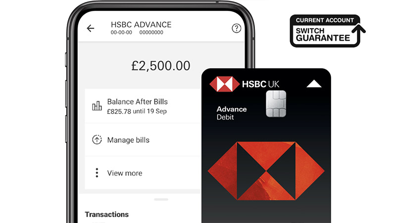 HSBC Advance Account Debit Card image and Current Account Switch Guarantee logo
