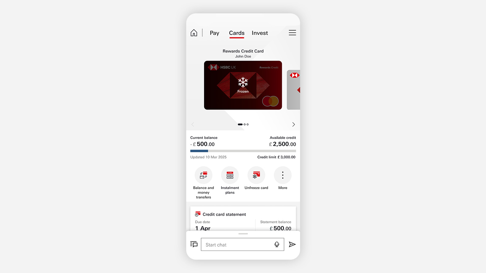 the HSBC UK App Cards tab